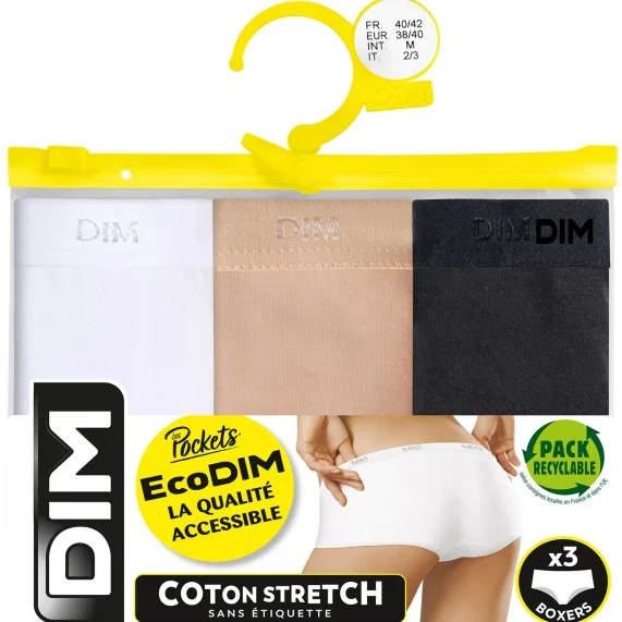 Lot de 3 Boxers Unis Coton Stretch "EcoDim" (Boxer Femme) Dim chez FrenchMarket