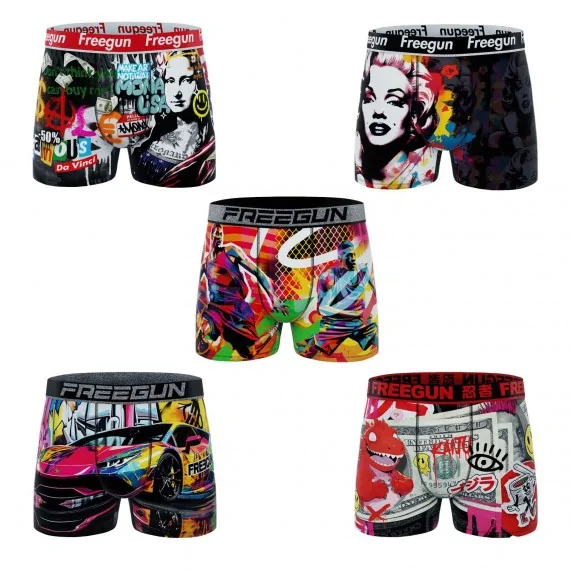 Set di 5 boxer in microfibra "Street Pop-Art" per uomo (Boxer da uomo) Freegun chez FrenchMarket